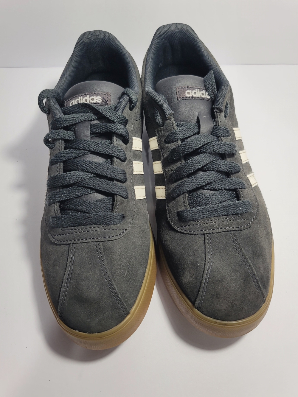 adidas Dark Gray Suede Sneakers with Cream Stripes and Gum Sole - Picture 3 of 7